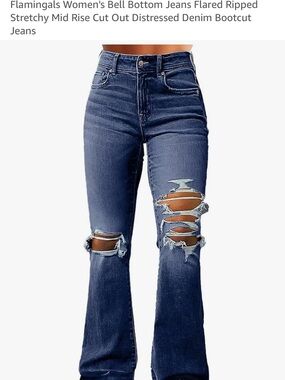Ripped High-Rise Flare Jeans in Dark Blue